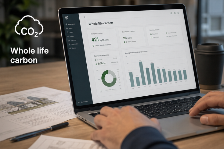 Consultant reviewing a whole life carbon dashboard on a laptop