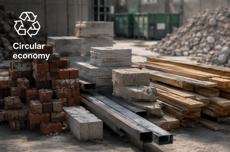 Reclaimed bricks, blockwork, steel and timber sorted for reuse on site