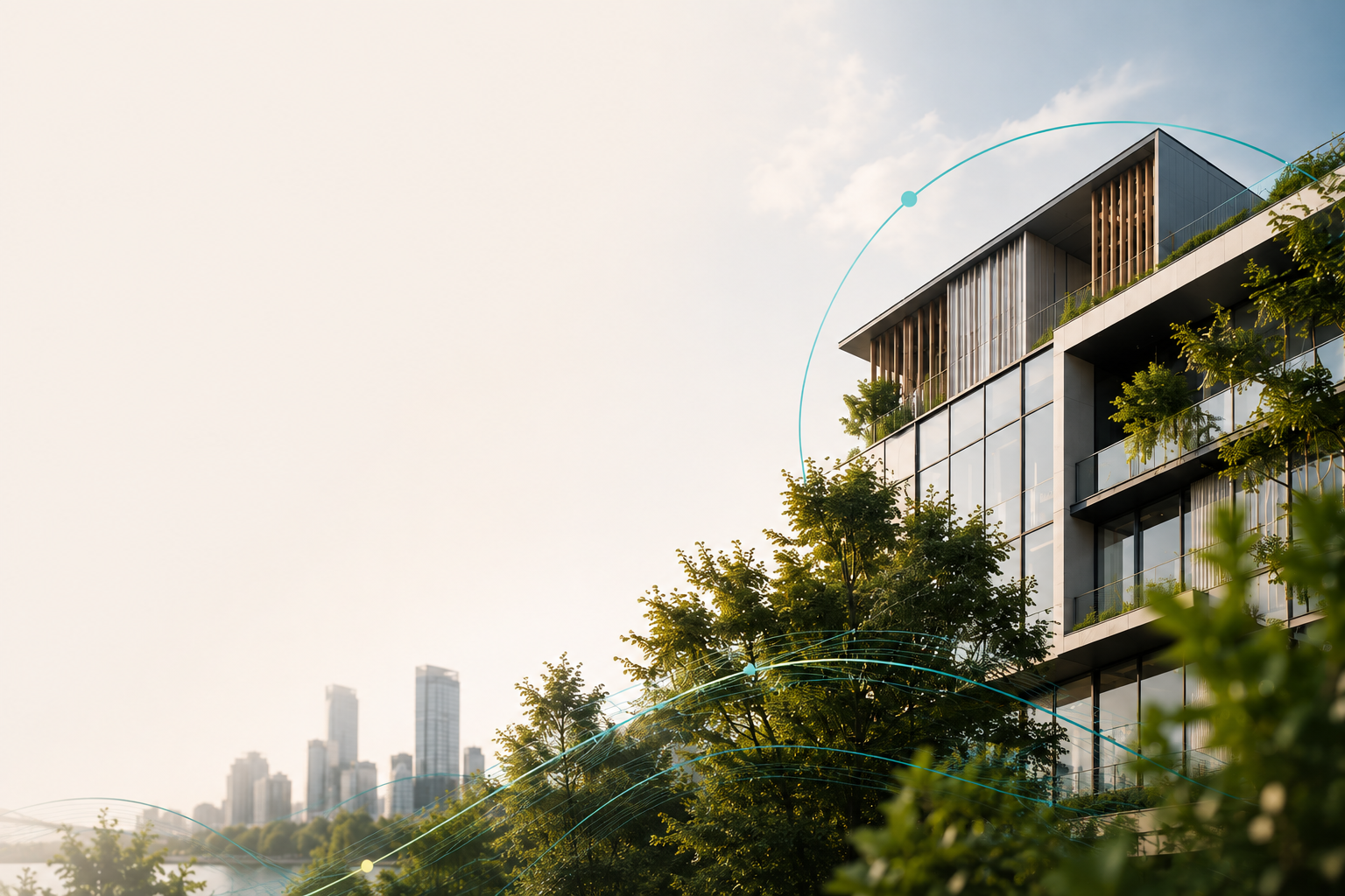 Modern sustainable building with integrated greenery