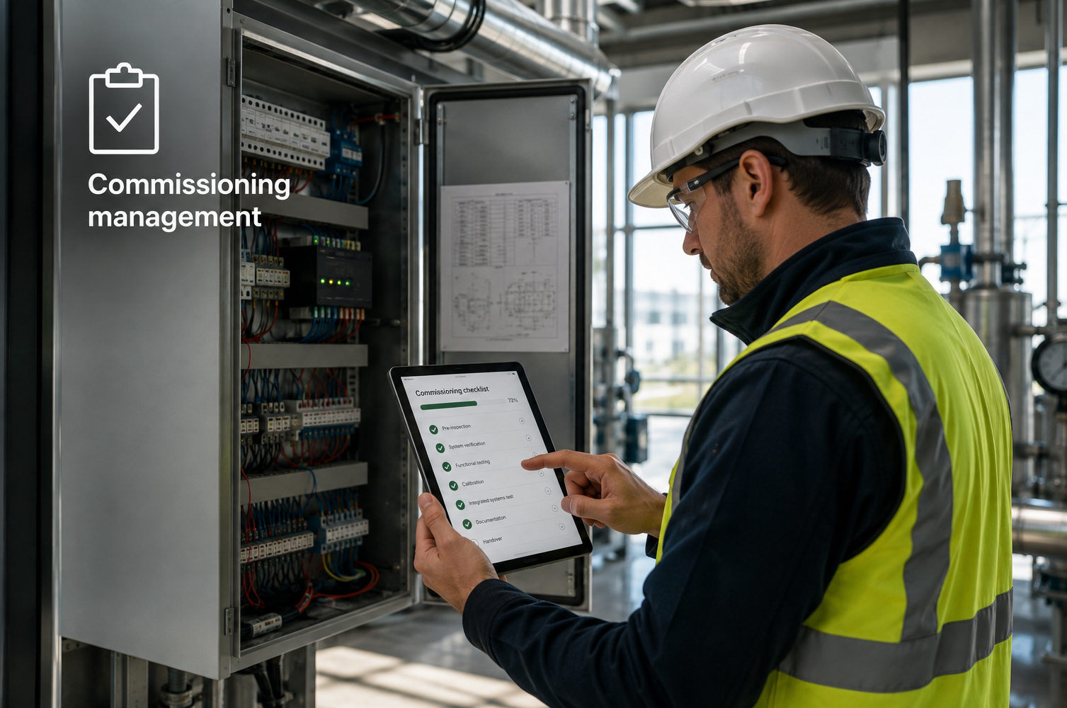 Engineer using a tablet to sign off commissioning hold points in a plant room